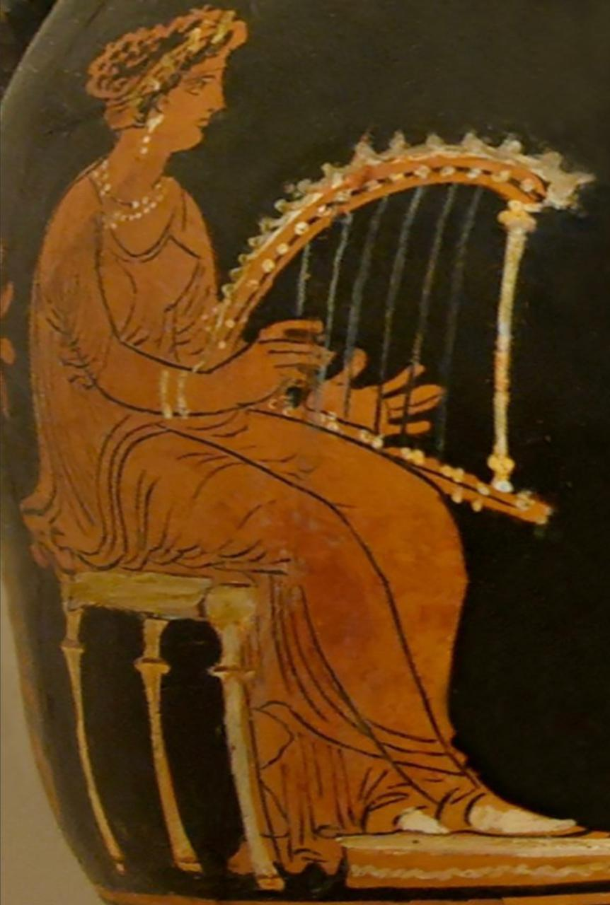 A woman playing an arched harp, painted on an ancient Greek vase